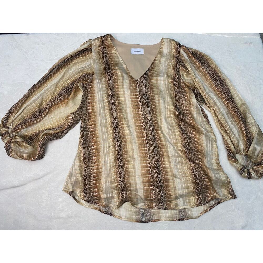 Adrienne Anthropologie Sz. S Brown Beige Snake Skin V-Neck Blouse Balloon Sleeve